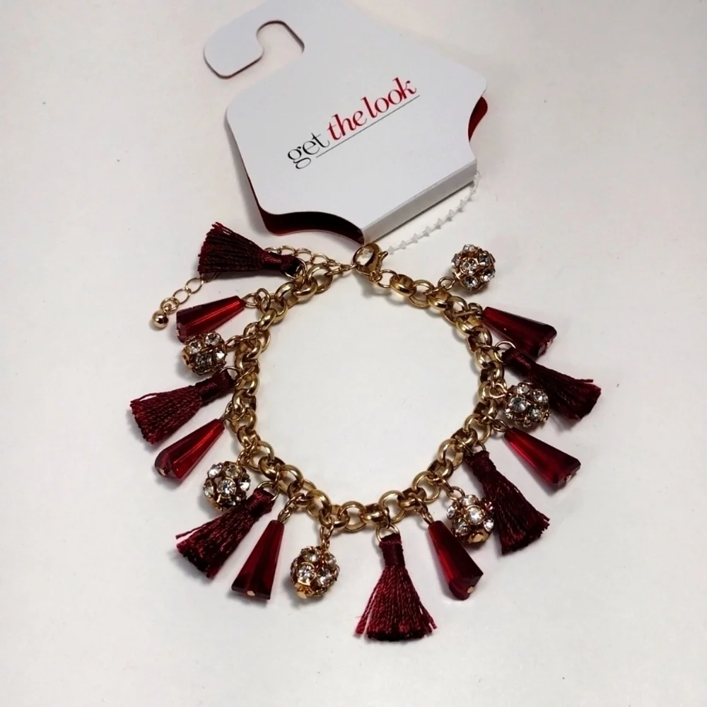Women's Polished Gold-tone Red Beaded Tassel Bracelet w/ Sparkling Crystal Balls